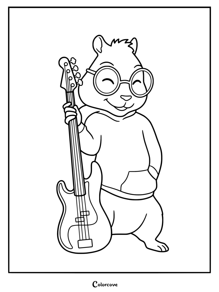 Theodore Seville from Alvin and the Chipmunks wearing oversized glasses and a hooded sweatshirt while holding a bass guitar in this printable coloring page.