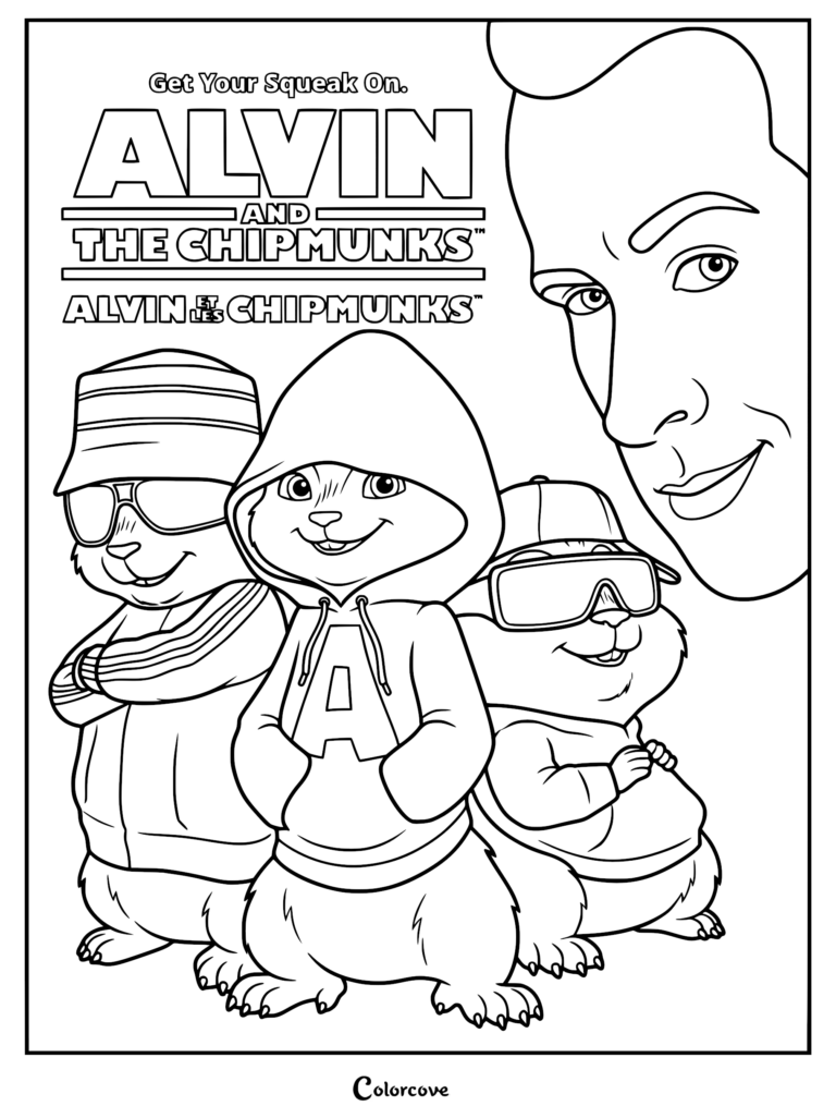 Alvin, Simon, and Theodore standing together with Dave Seville in the background, outline style coloring page.