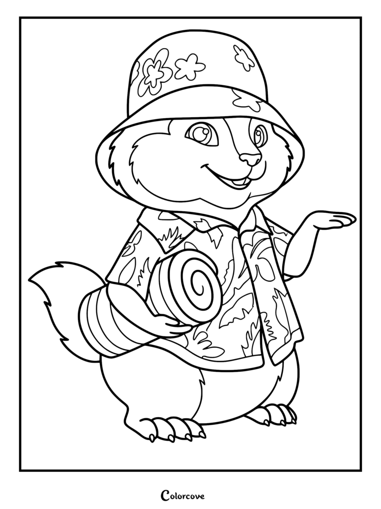 Alvin from Alvin and the Chipmunks wearing a floral bucket hat and tropical shirt, holding a rolled-up towel, as a printable line art coloring page.