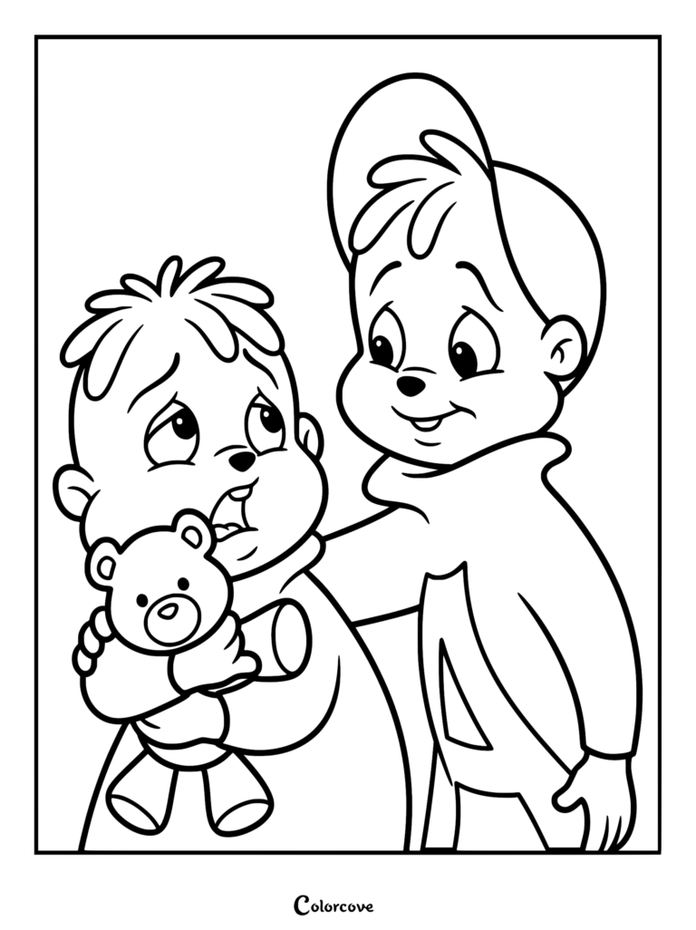 Alvin in his signature A-letter sweater comforting a sad Theodore who is holding a small teddy bear in this printable coloring page.