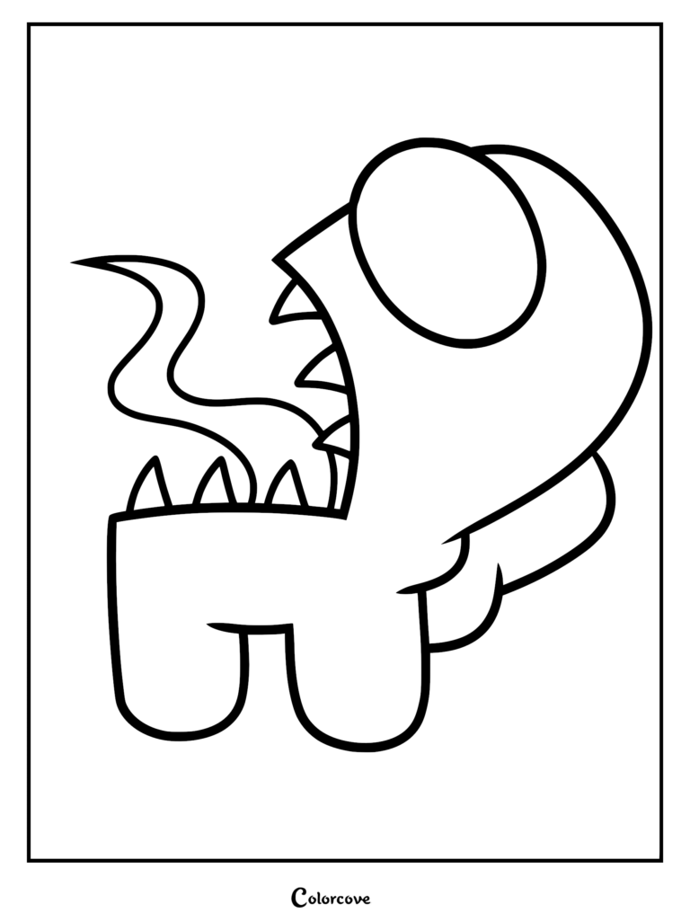 A printable Among Us coloring page featuring a menacing Impostor with its wide mouth open, revealing sharp teeth and a long, wavy tongue extending outward.