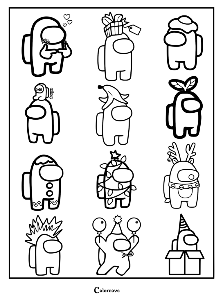 A printable coloring page featuring twelve different Among Us crewmates wearing various costumes, hats, and holiday-themed accessories.