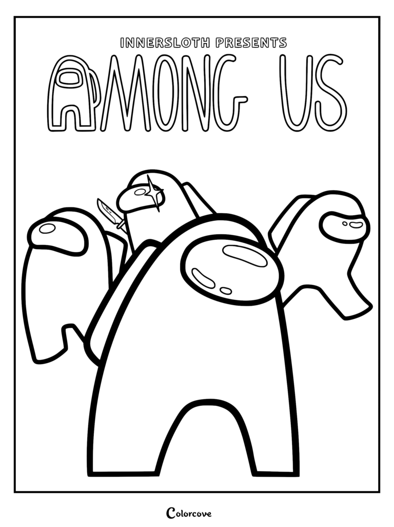 A printable Among Us coloring page featuring three crewmates, one holding a sharp knife, under the Innersloth logo.