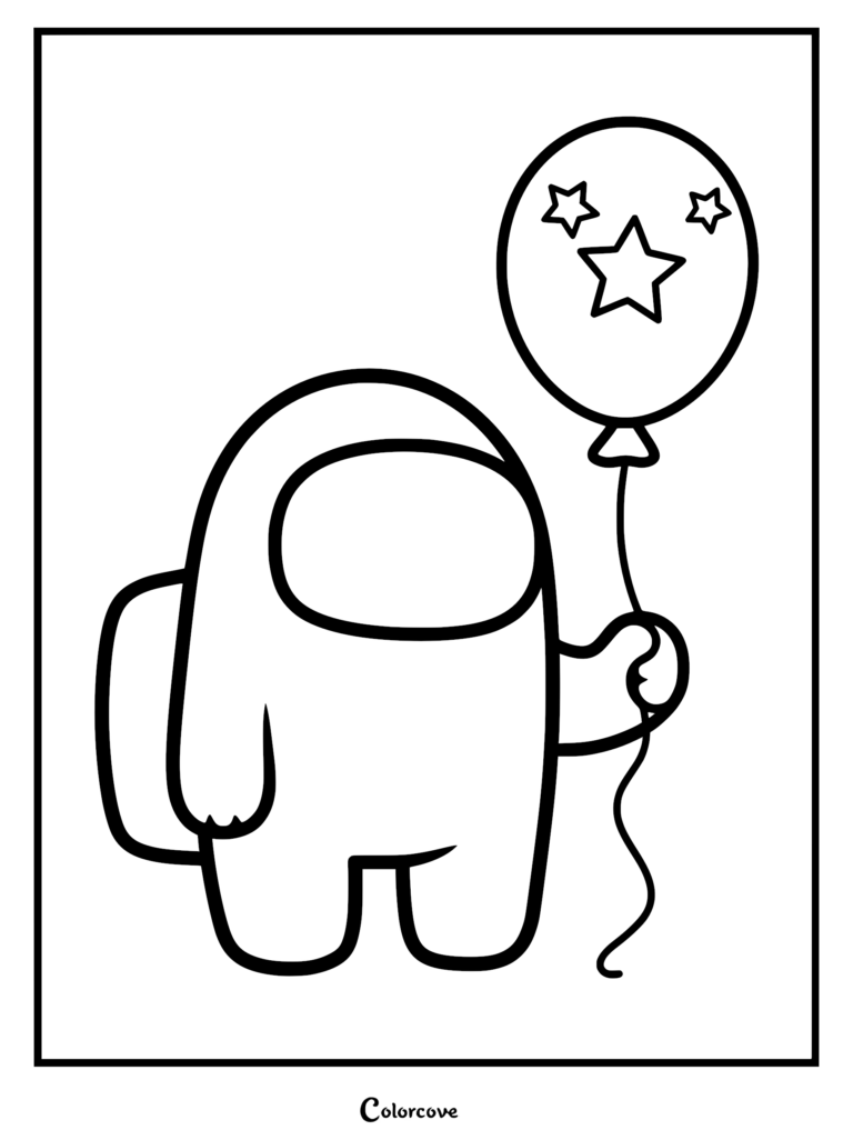 A simple Among Us crewmate line art coloring page holding a round balloon decorated with three stars.