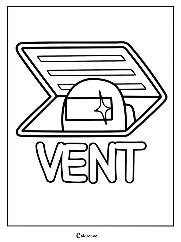 An Among Us character peaking out of an open floor vent, line art coloring page with the word VENT below.