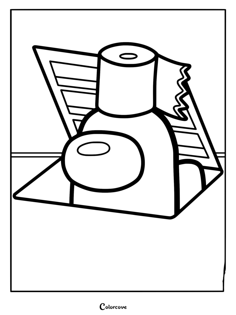 Among Us crewmate wearing a toilet paper roll as a hat, coloring page outline featuring a vent background.