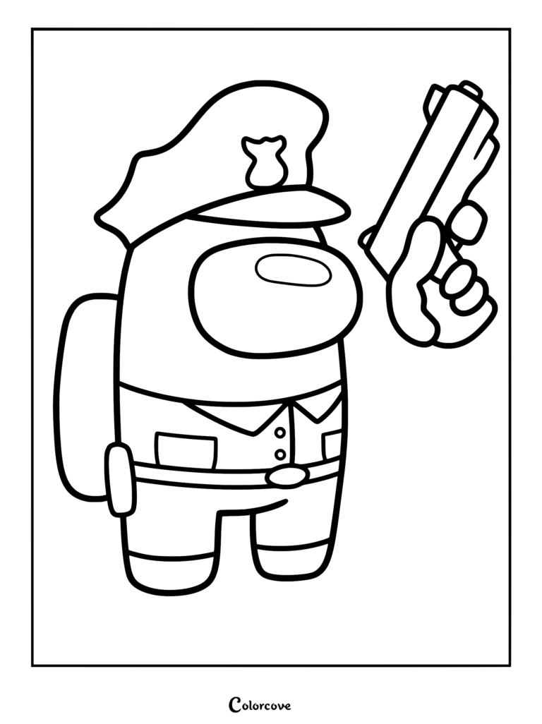 An Among Us crewmate wearing a police uniform and peaked cap while holding a pistol, simple line art coloring page.