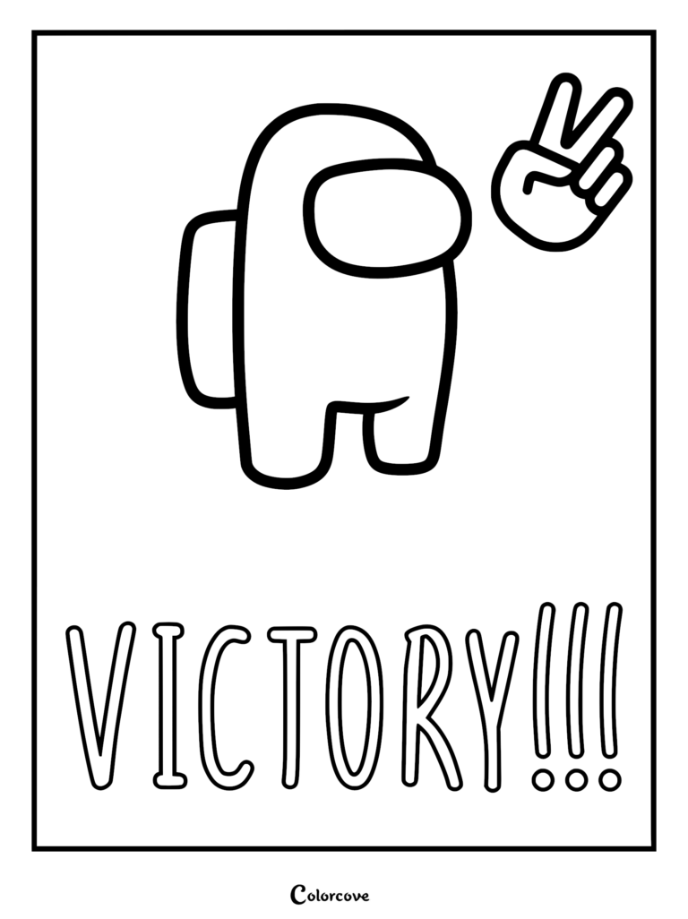 An Among Us crewmate throwing a peace sign above the word VICTORY in a simple line art coloring page.