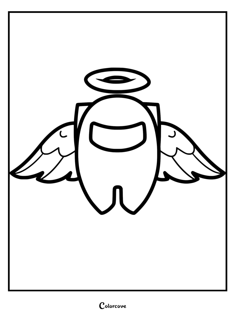 Among Us Crewmate featuring a halo and feathery angel wings in a black and white line art coloring page style.