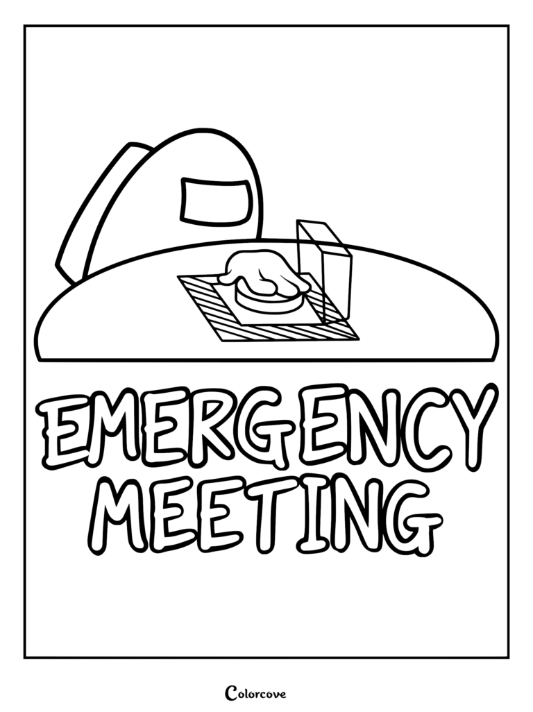 An Among Us crewmate pressing the big red button on the table for an Emergency Meeting in this printable line art coloring page.