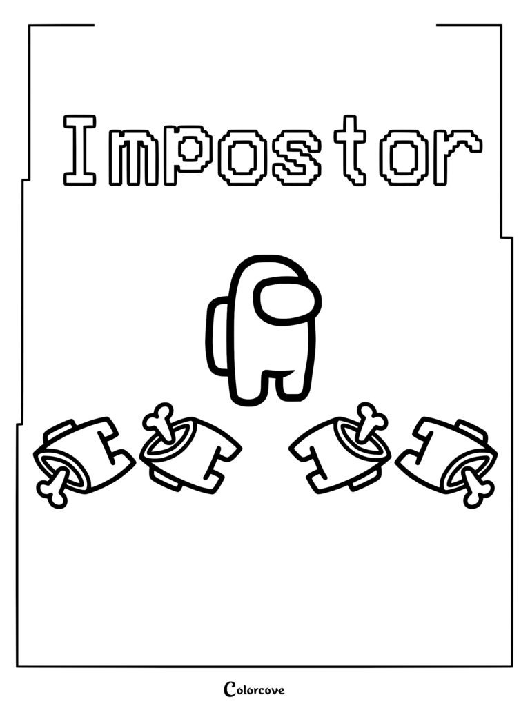 Among Us Impostor character standing above four halved crewmate bodies with protruding bones, pixel art style coloring page.