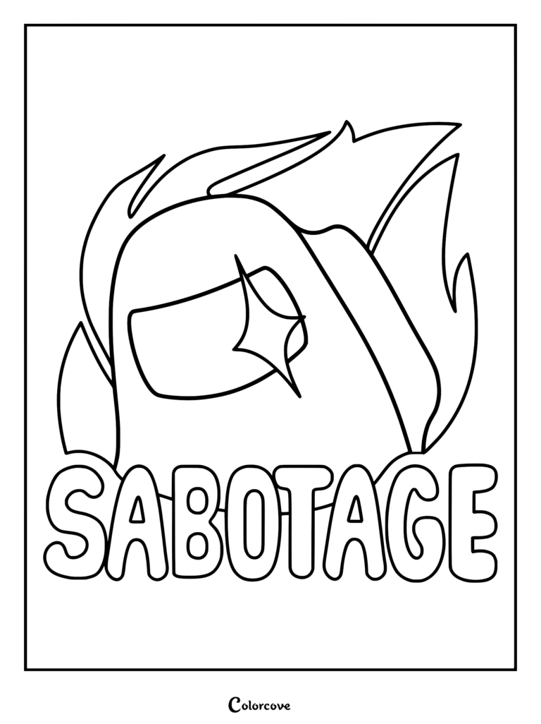 Among Us character engulfed in flames with a shining visor and bold Sabotage text in a printable coloring page format.