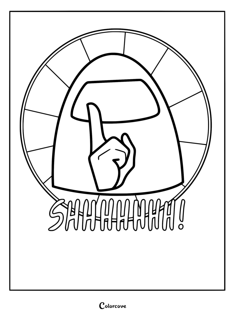 Among Us character holding a finger to their visor in a shushing gesture inside a circular frame, printable coloring page.