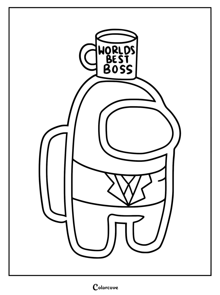 Among Us Crewmate wearing a tuxedo and suit jacket with a World's Best Boss coffee mug on its head coloring page.
