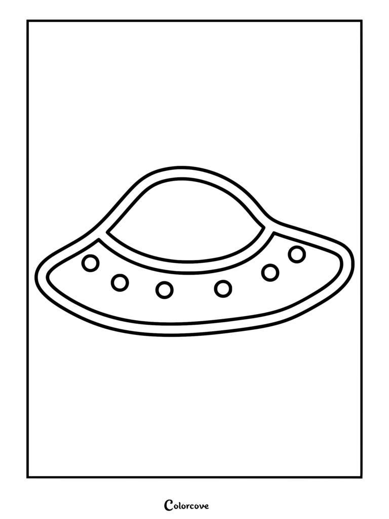 A simple Among Us themed UFO spaceship line art coloring page with a domed top and five circular portholes.