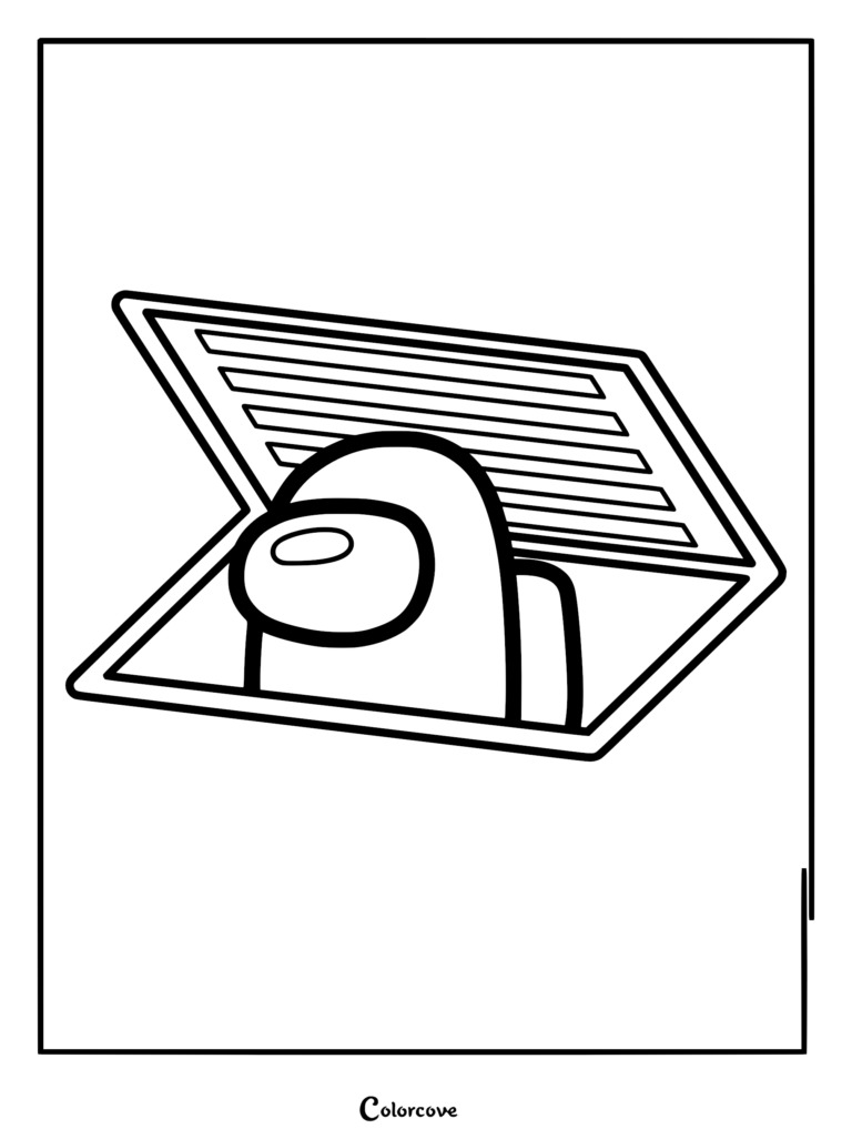 A printable Among Us coloring page showing a Crewmate peaking out of an open floor vent.