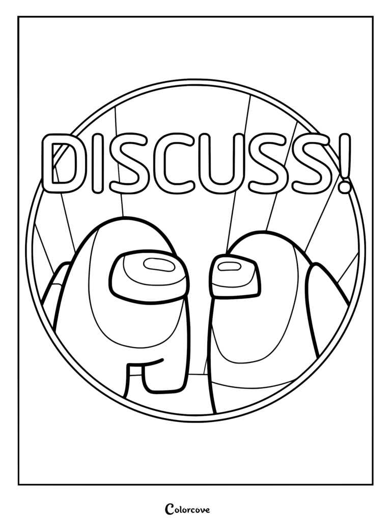 Two Among Us crewmates face each other inside a circular frame with the word DISCUSS in bold letters for a printable coloring page.