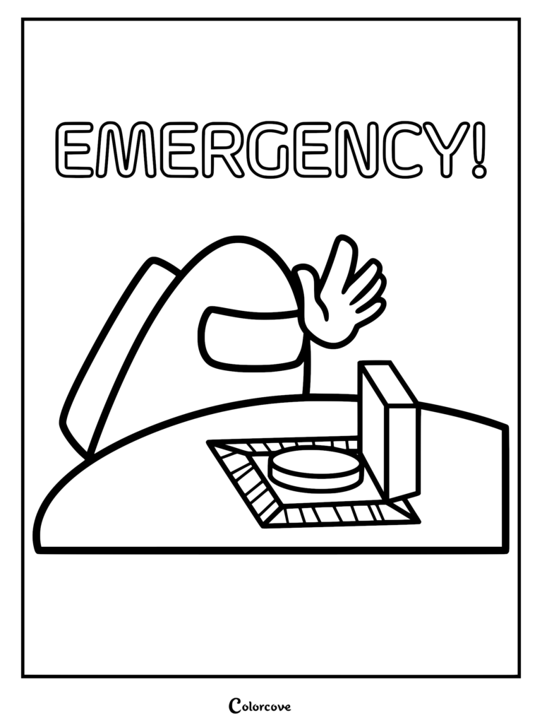 Among Us crewmate waving hand near an open emergency meeting button with text EMERGENCY overhead in this printable coloring page.