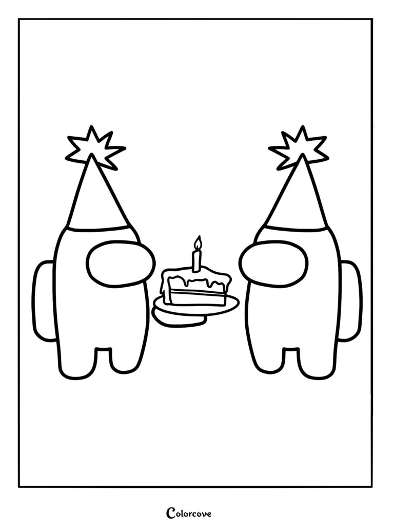 Two Among Us crewmates wearing party hats standing on either side of a single slice of birthday cake with a lit candle, line art coloring page.