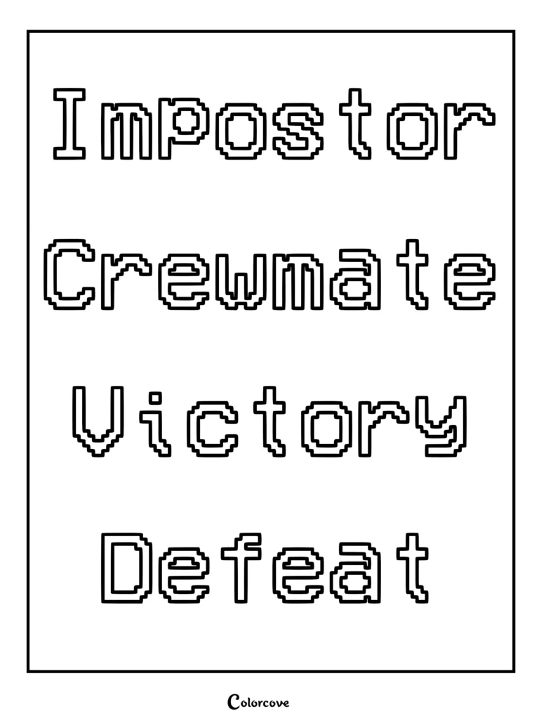 Pixel art text featuring the words Impostor, Crewmate, Victory, and Defeat in a blocky font for a printable Among Us coloring page.