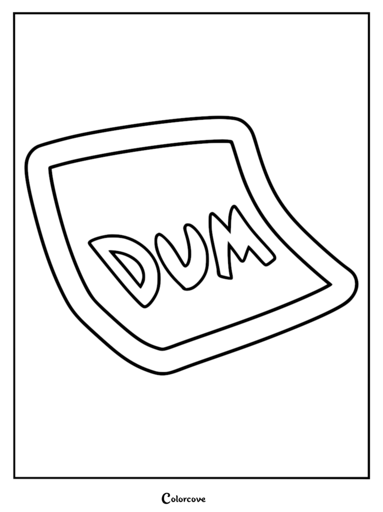 Among Us DUM note coloring page featuring a square paper with the word DUM written in the center.