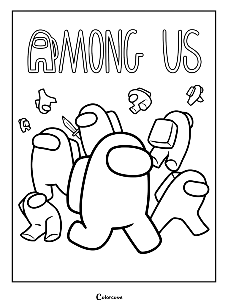 Among Us coloring page featuring a group of crewmates with one impostor holding a dagger, surrounded by floating detached player parts.