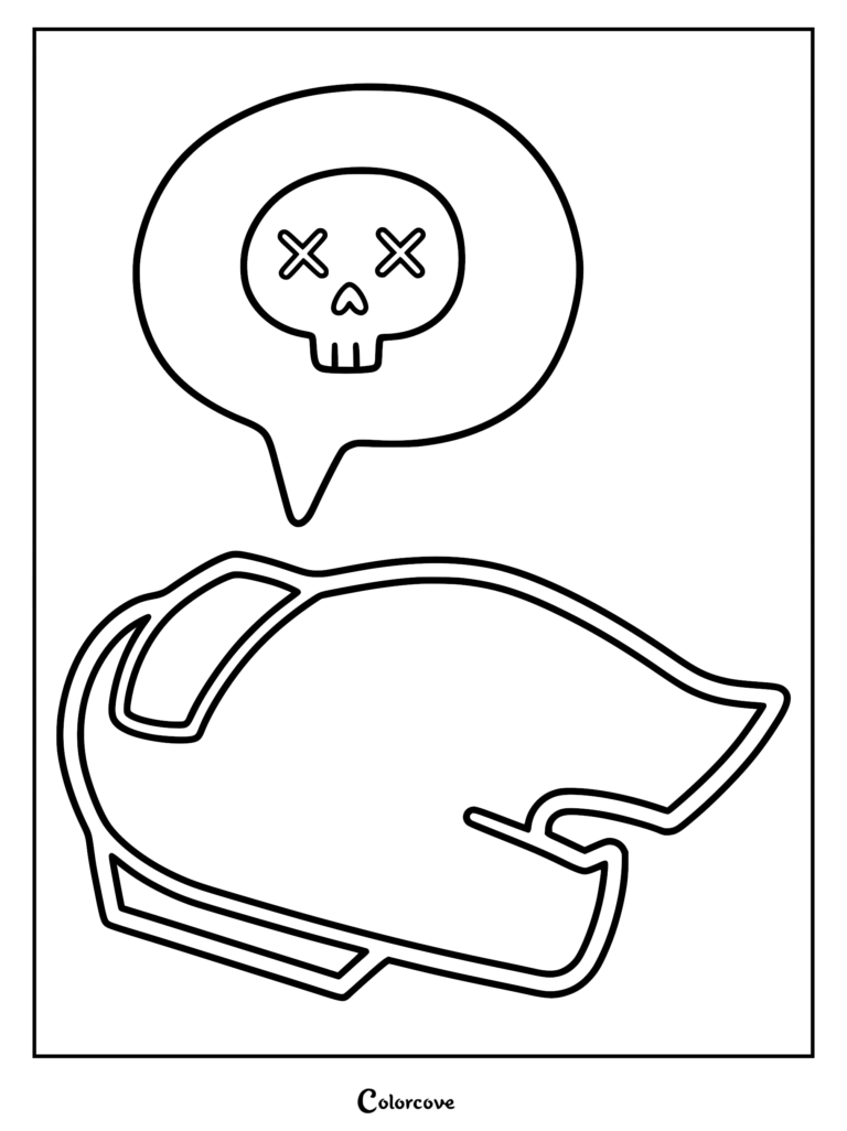 A printable coloring page featuring the lower half of an Among Us crewmate body lying on the floor with a speech bubble containing a skull icon above it.