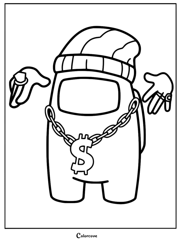Among Us character wearing a beanie, a dollar sign chain, and rings on fingers in a coloring page format.
