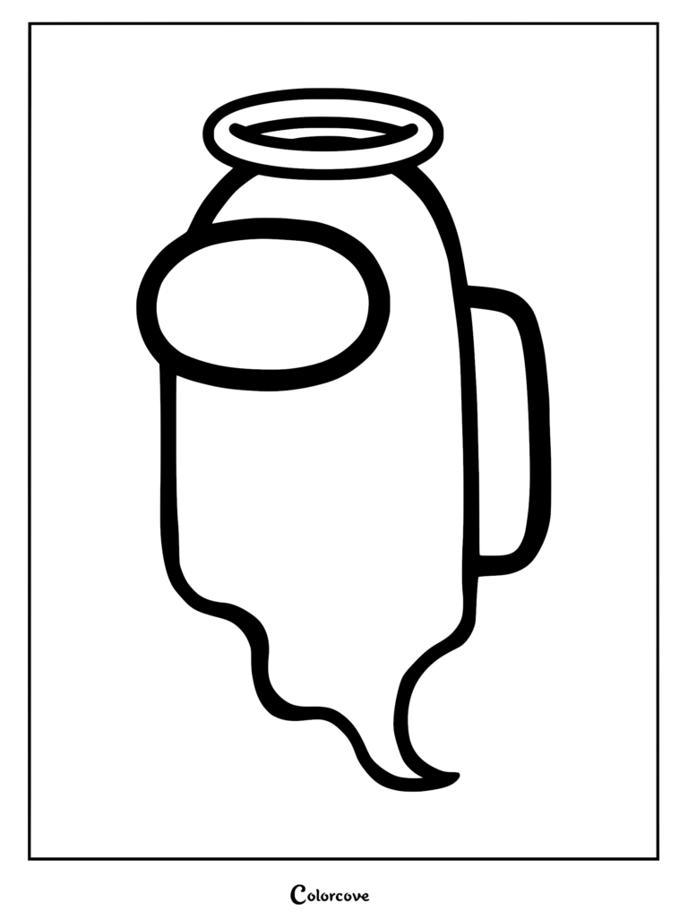 A simple black and white Among Us Ghost crewmate wearing an angel halo, featured as a printable coloring page.