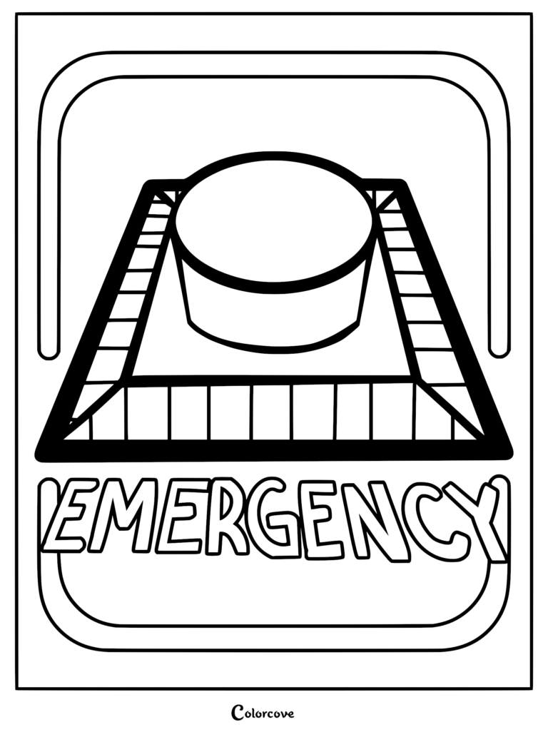 A bold line art coloring page of the iconic Among Us emergency meeting button inside a square console with the word EMERGENCY written below.
