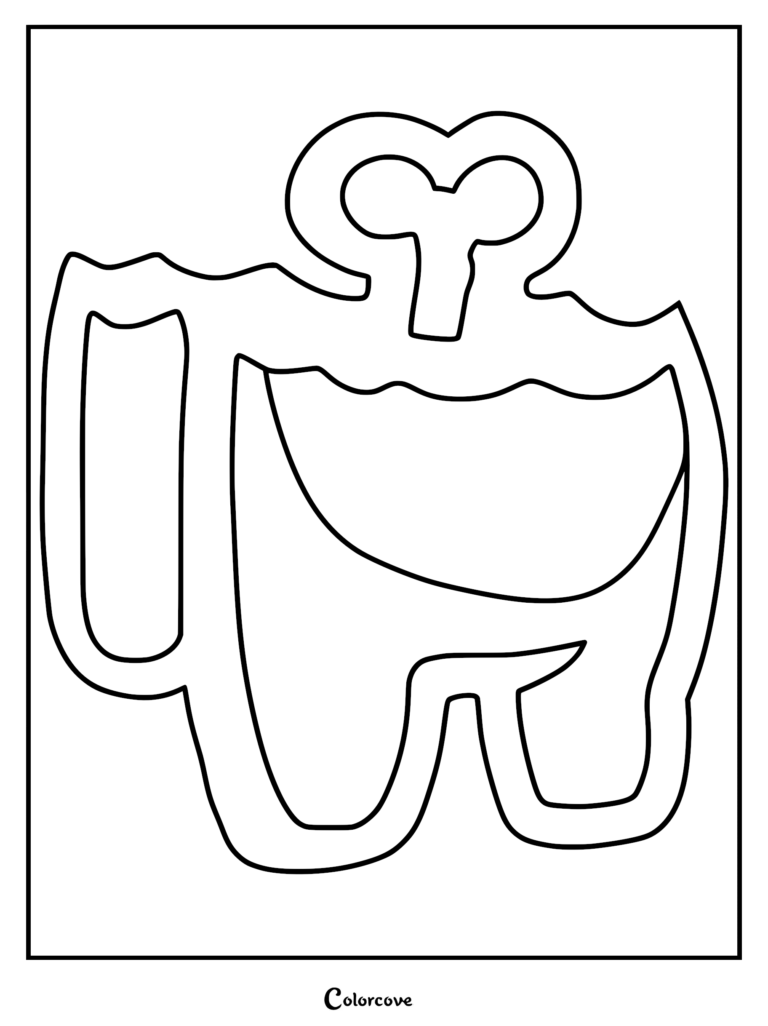 Among Us crewmate killed and split in half with a large bone sticking out of the top, black and white line art coloring page.
