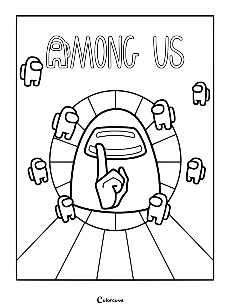 A detailed Among Us coloring page featuring a central Crewmate holding a finger to its visor in a shushing gesture, surrounded by smaller Crewmates and the game logo.