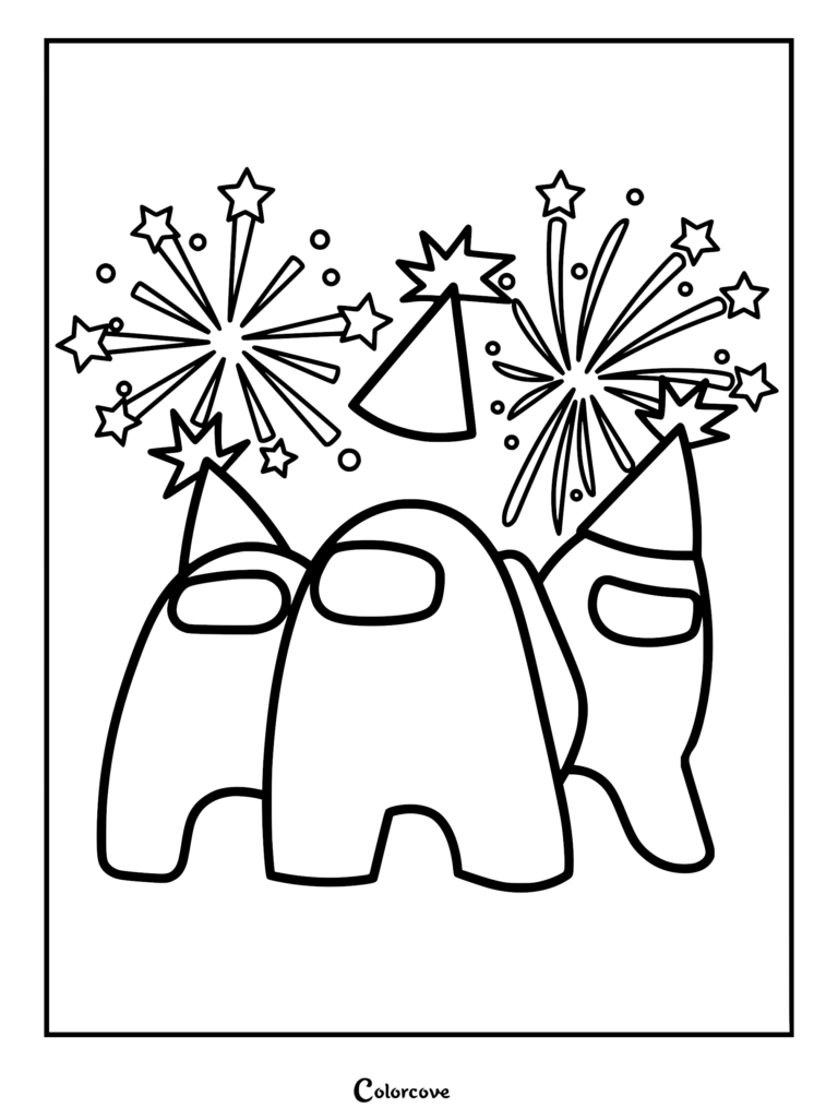 Three Among Us crewmates wearing party hats under star-shaped fireworks in this fun coloring page.