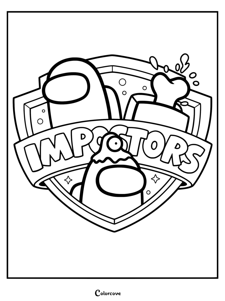 A printable coloring page featuring an Among Us shield emblem with the text 'IMPOSTORS', an Among Us crewmate, a bone, and a slime-covered character.