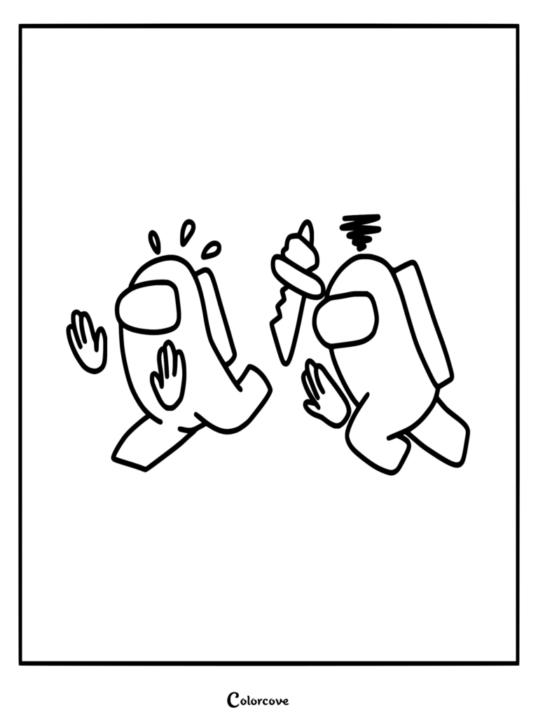 Among Us crewmate running in fear from an Impostor holding a knife in this printable coloring page.