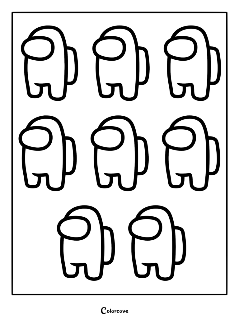 A printable coloring page featuring eight identical Among Us crewmates arranged in a three-row grid pattern.