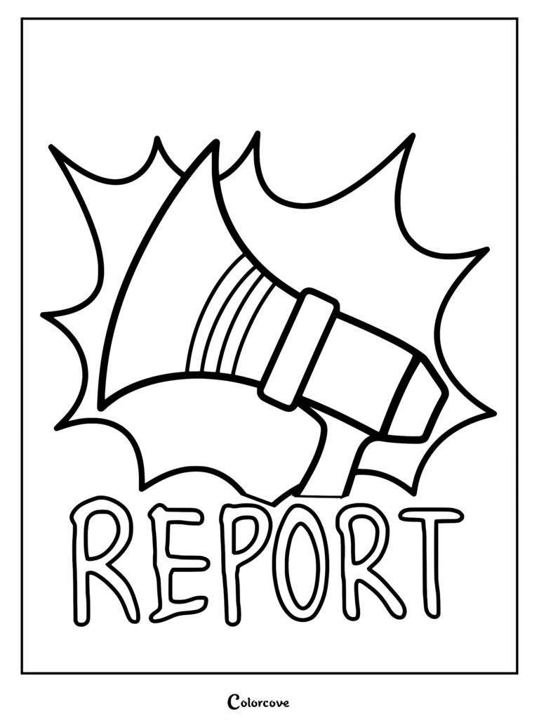 A bold line art Among Us coloring page featuring a megaphone icon inside a comic-style burst with the text REPORT written underneath.