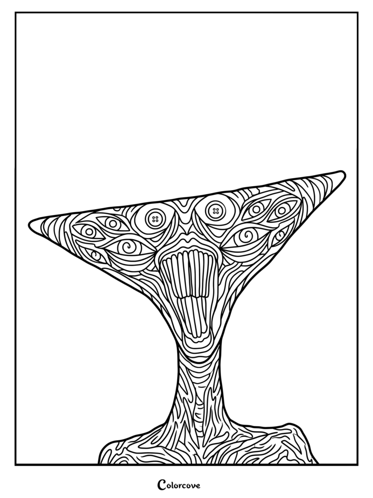 Página para colorear de Analog Horror que presenta a La Serpiente Cornuda con una cabeza ancha en forma de cuña, múltiples ojos, pupilas de botón y una boca dentada abierta de par en par.