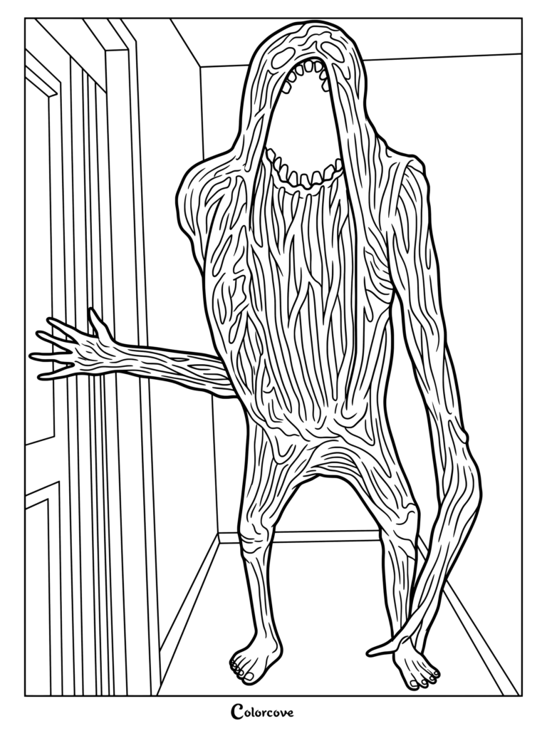 Página para colorear de Analog Horror con Pooky como una entidad humanoide encapuchada y texturizada con una boca alargada y entreabierta y extremidades asimétricas.