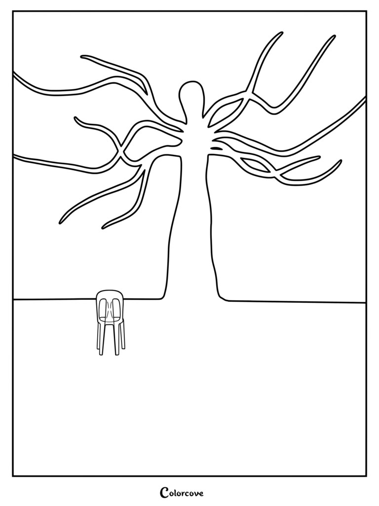 Página para colorear de Analog Horror con una silla de plástico blanca solitaria bajo una enorme silueta sombría con largos apéndices parecidos a tentáculos.