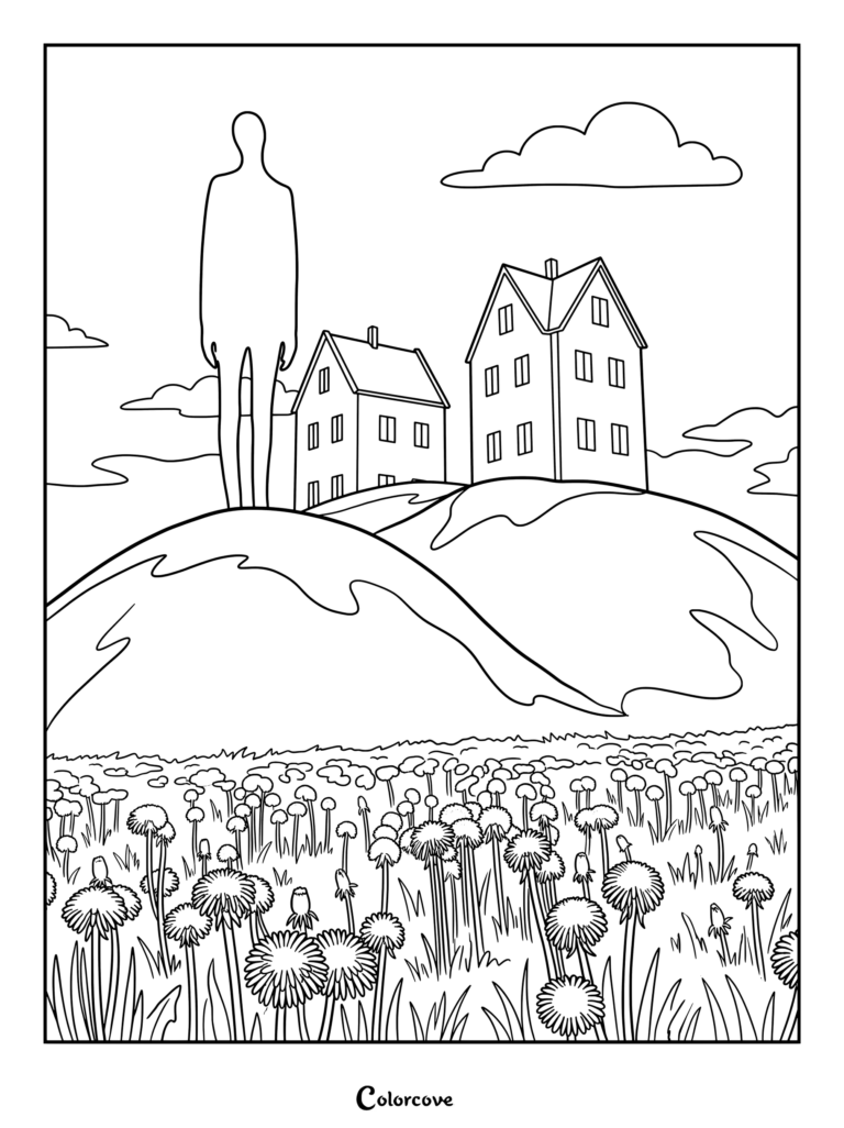 Página para colorear de Analog Horror sobre un paisaje surrealista con una figura oscura gigante y dos pequeñas casas blancas sobre colinas verdes en un campo de dientes de león