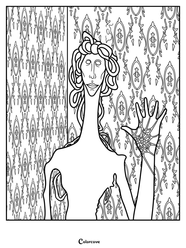 Página para colorear de The Locust con la criatura ficticia de Analog Horror creada por el artista Doctor Nowhere de pie frente a un papel pintado con estampados.