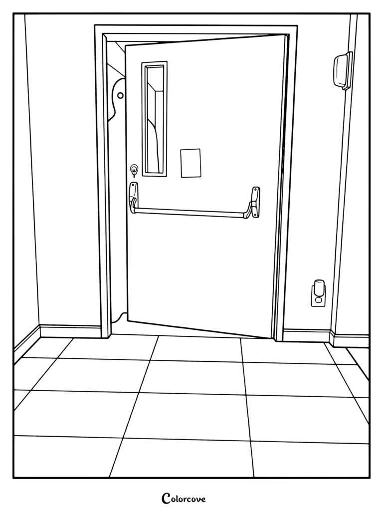 Página para colorear de Analog Horror de una figura oscura observando desde detrás de una puerta blanca entreabierta en un pasillo alicatado