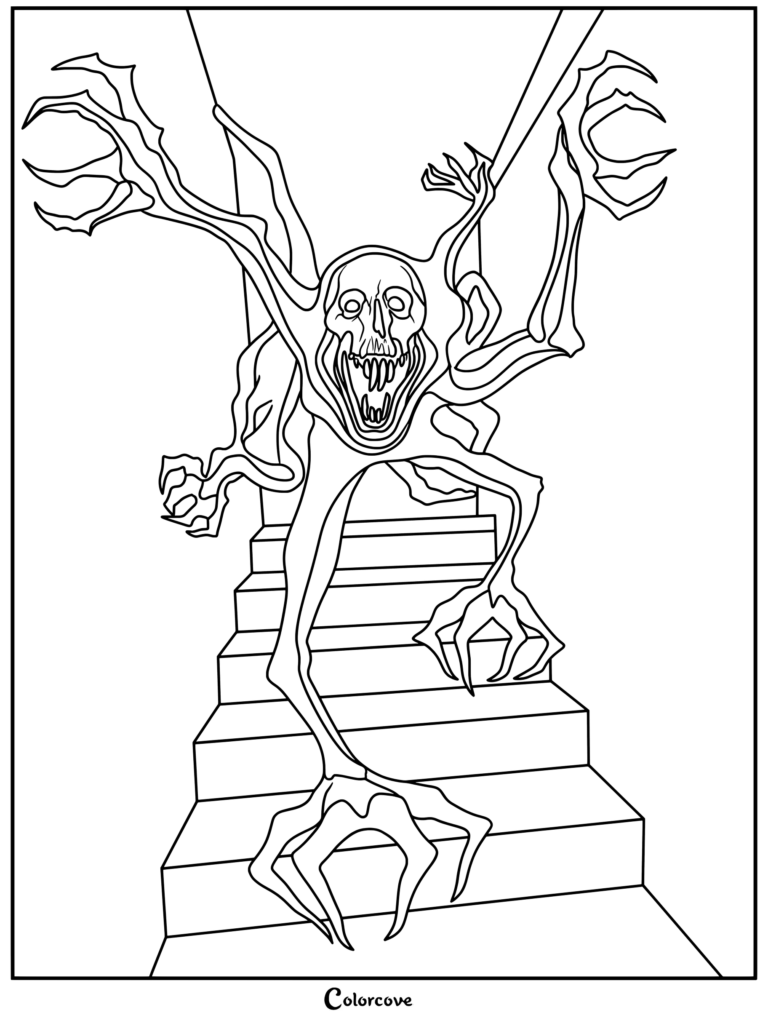 Página para colorear de Analog Horror con una criatura oscura y espeluznante con múltiples brazos con garras y un rostro pálido y esquelético bajando unas escaleras.