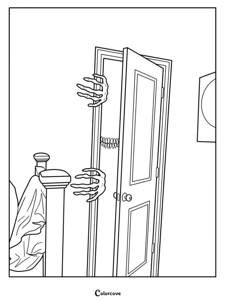Página para colorear de Analog Horror con una figura oscura y sombría con manos con garras sujetando los lados de una puerta blanca entreabierta en un pasillo con luz tenue.