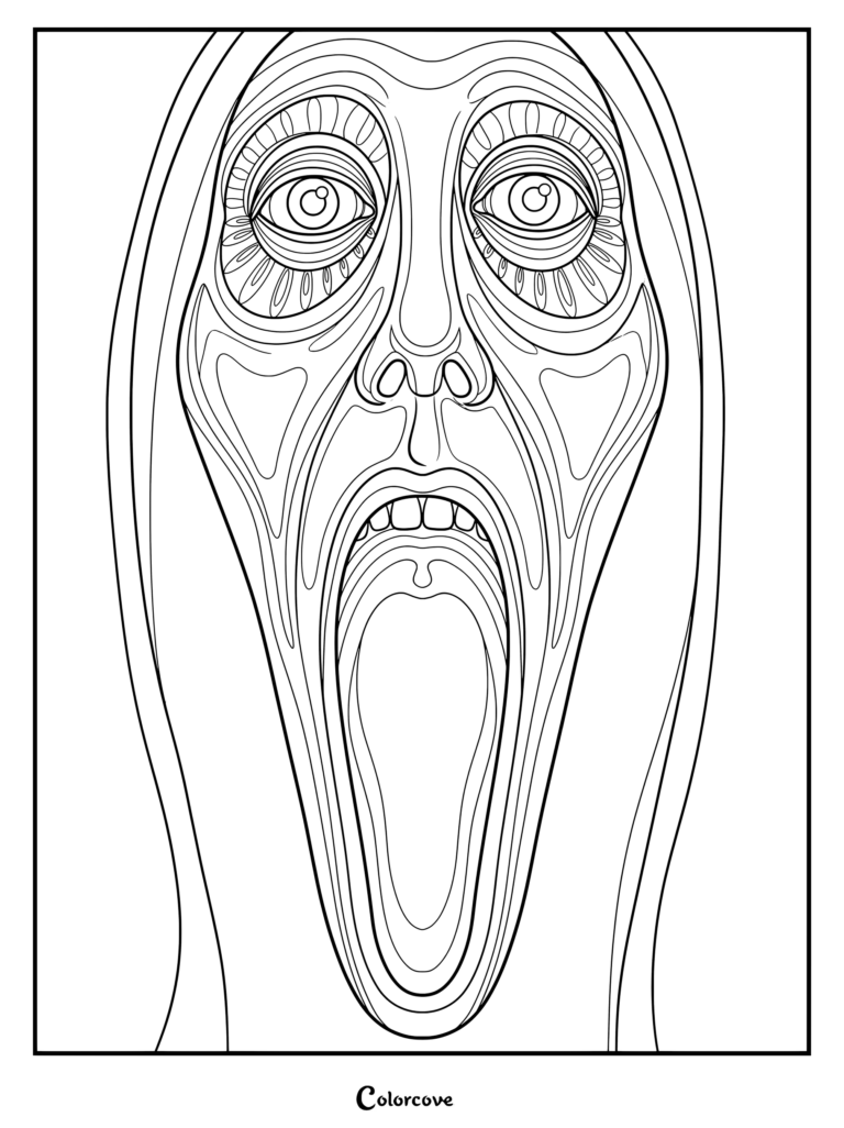 Página para colorear de un rostro de Analog Horror con una figura gritando con rasgos distorsionados y ojos desorbitados.