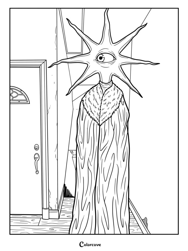Página para colorear de Anklager con la entidad ficticia de Doctor Nowhere en un estilo de Analog Horror.