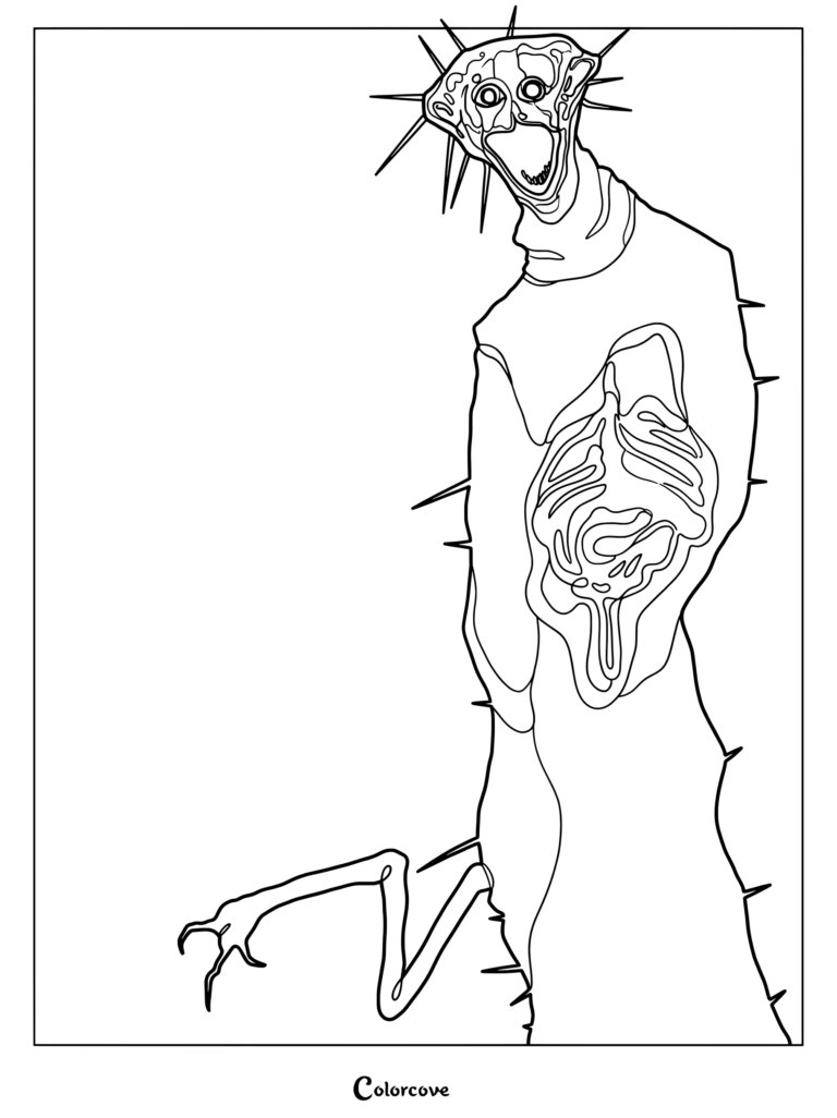 Página para colorear de Analog Horror con The Boiled One PHEN-228 mostrando una cabeza con púas y detalles del torso expuesto.