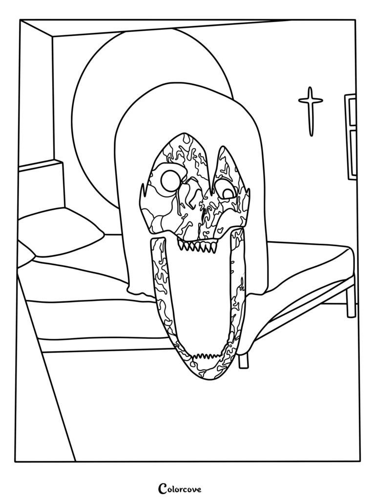 Página para colorear de Analog Horror con la aterradora entidad cambiaformas Maternal Wraith de I Heard It Too al lado de una cama.