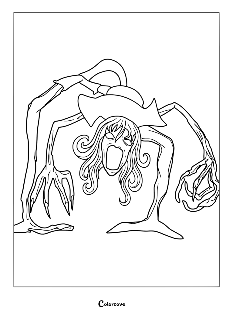 Página para colorear de Analog Horror con Maternal Wraith mostrando una gran boca abierta y extremidades largas.